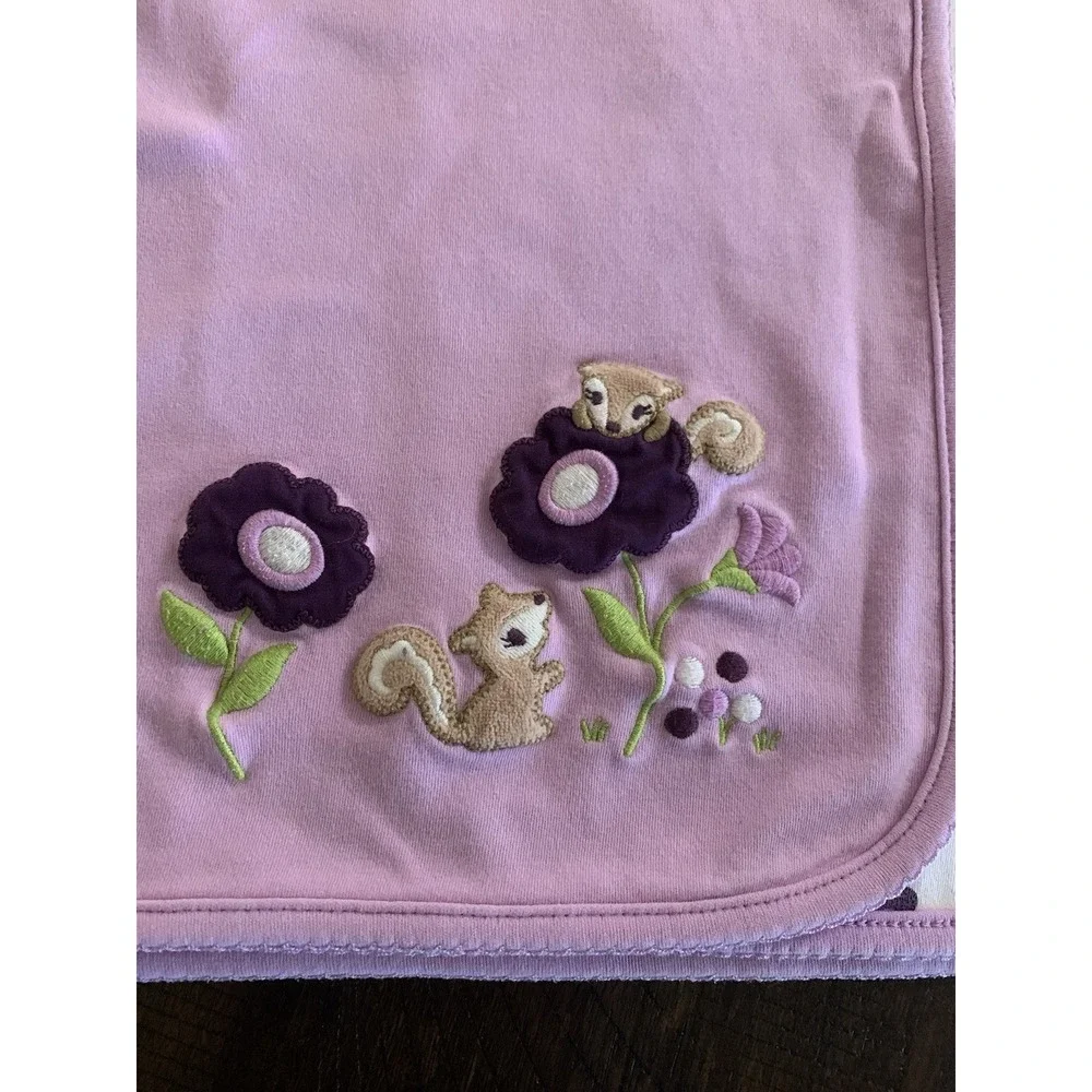 Gymboree Purple Squirrel Floral Vintage Baby Blanket Cotton Reversible 30x30